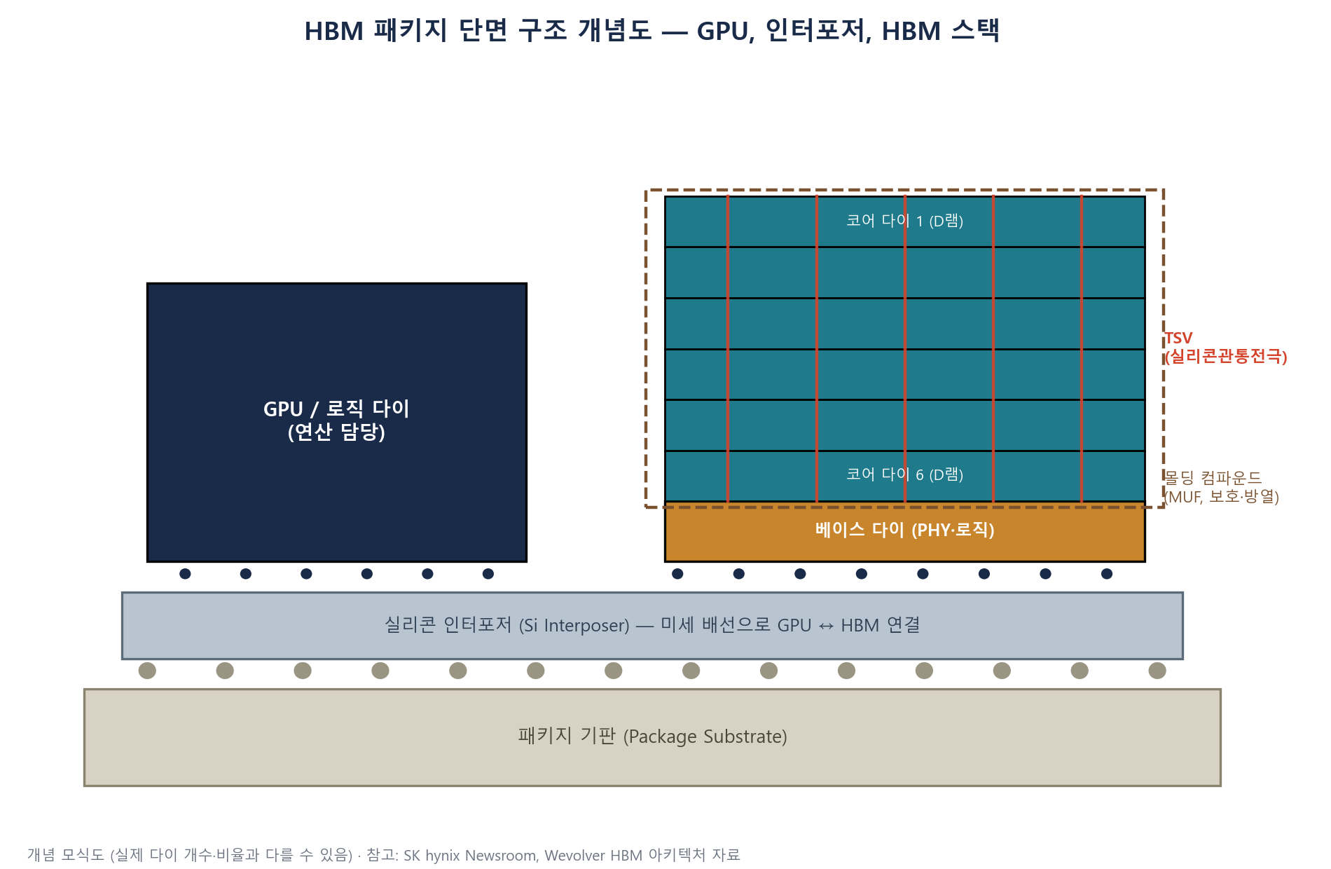 HBM 패키지 단면 구조 개념도 — GPU 로직 다이와 HBM 스택이 실리콘 인터포저 위에 나란히 배치되고, TSV가 코어 다이들을 수직으로 관통하는 모습